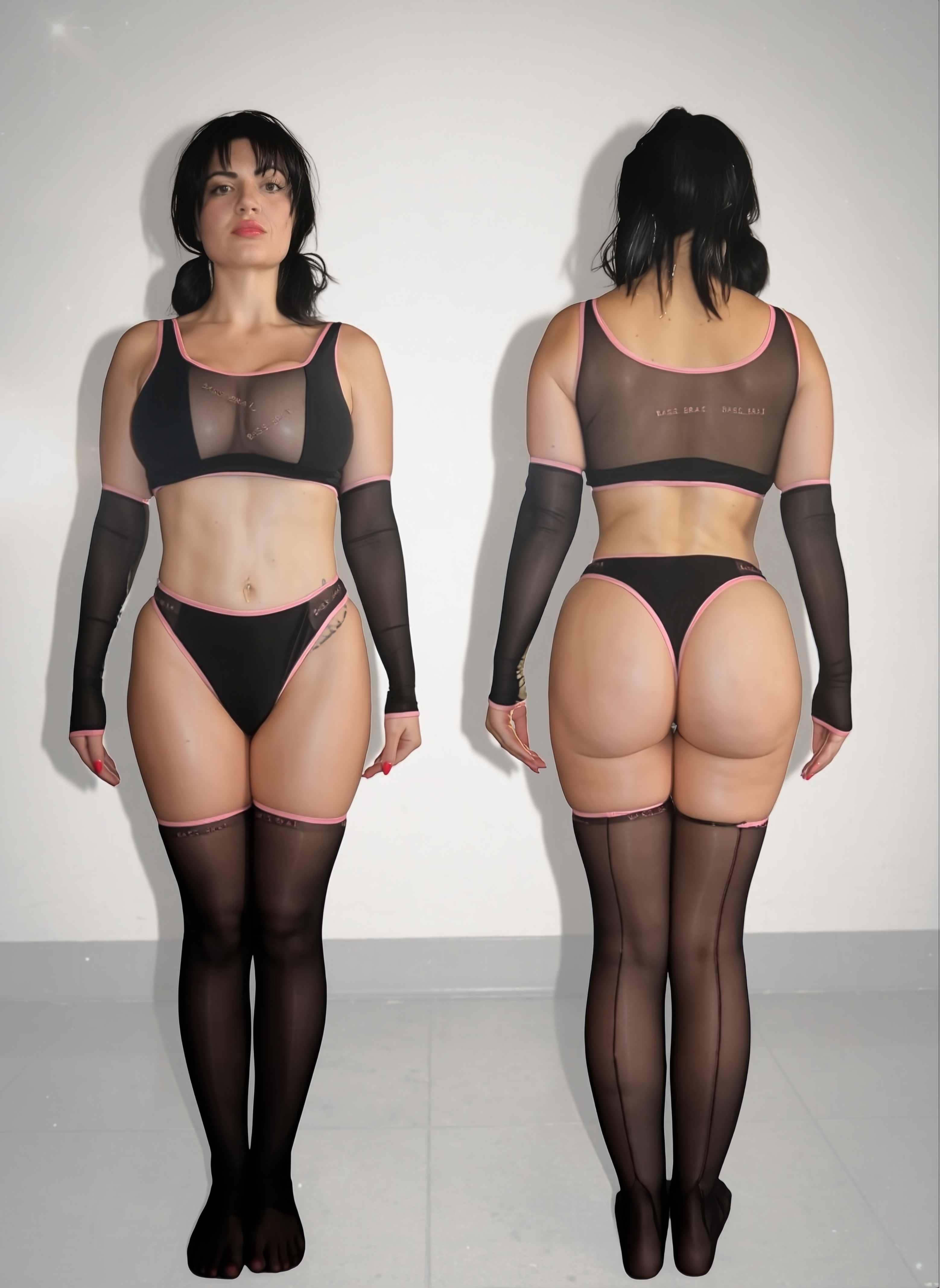 Finished black mesh and pink trim custom set shown front and back on a model