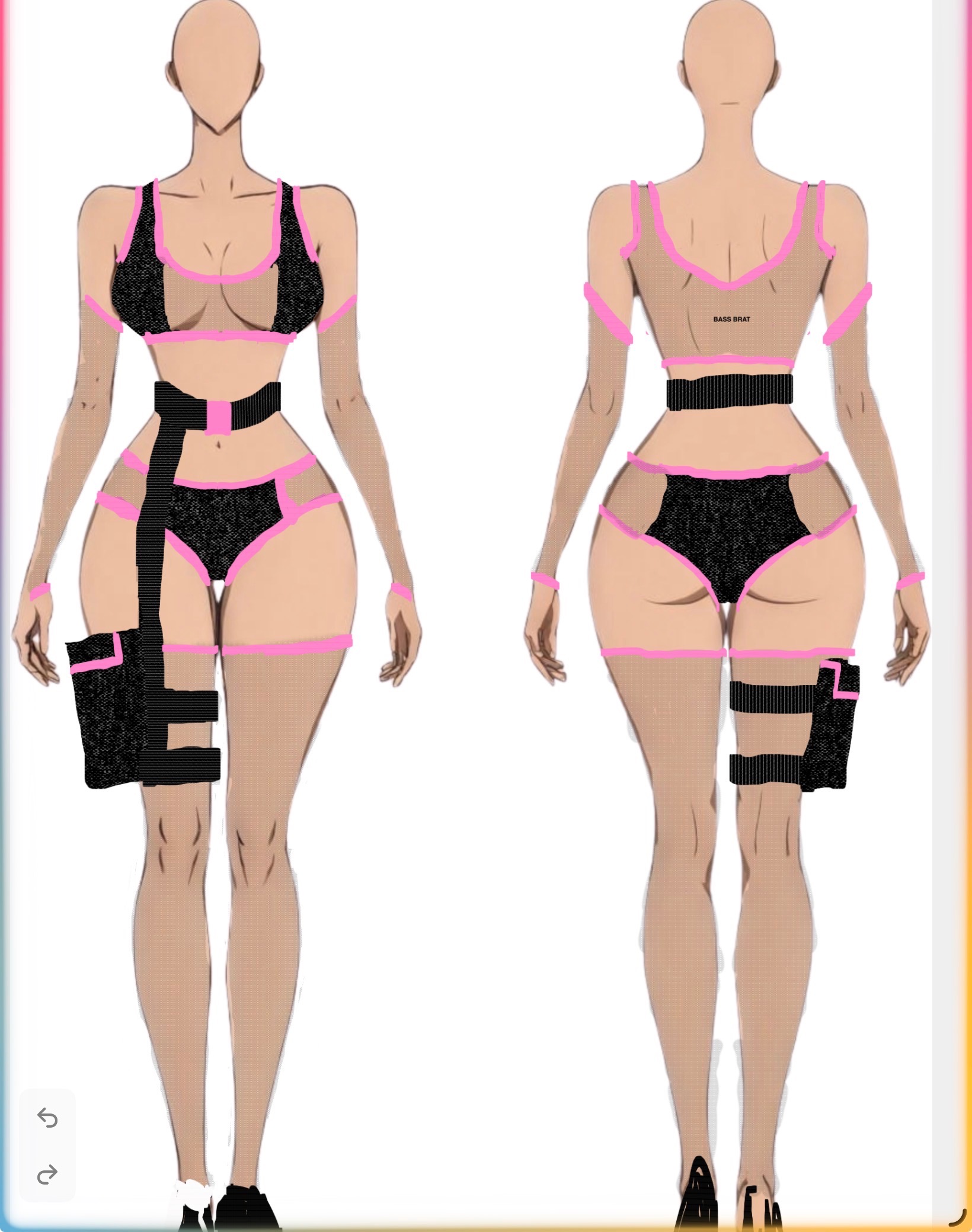Front and back sketch for a black mesh and pink trim custom set